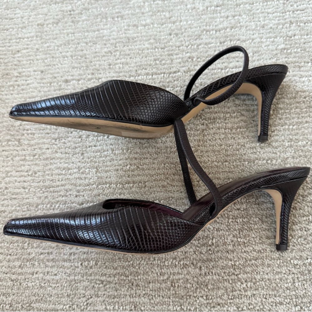 H&M Edition Premium Pointed Slingback Pumps. Dark Brown Croc-Embossed Leather. - Picture 7 of 12